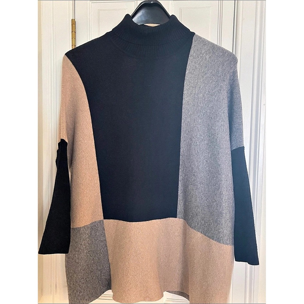 Joseph A Womens XL Colorblock Mock Neck Sweater Black Grey Tan Geometric Knit